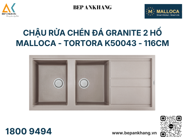 Chậu rửa chén đá Granite 2 hố Malloca - TORTORA K50043 - 116cm